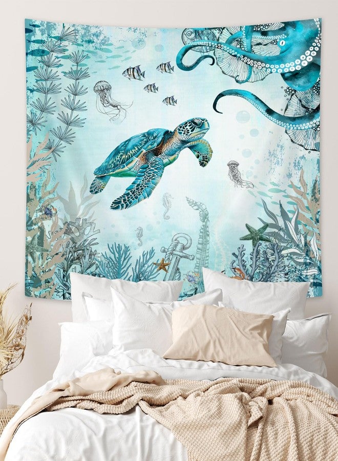 Wathon Sea Turtle Octopus Tapestry Blue Teal Ocean Wall Tapestry for Bedroom, Underwater Animal Seashell Jellyfish Coastal Nautical Tapestries, Sea Wall Art Poster for Dorm Home Decor 60X40IN - Image 4